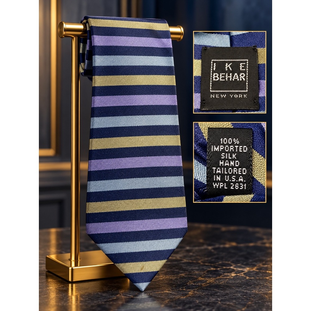 Ike Behar New York Mens Silk Striped Necktie Blue Purple Gold Hand Tailored USA